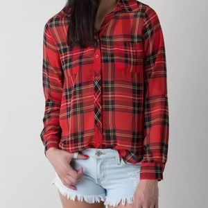 MINE Red Plaid Front Button Collared Chiffon Shirt